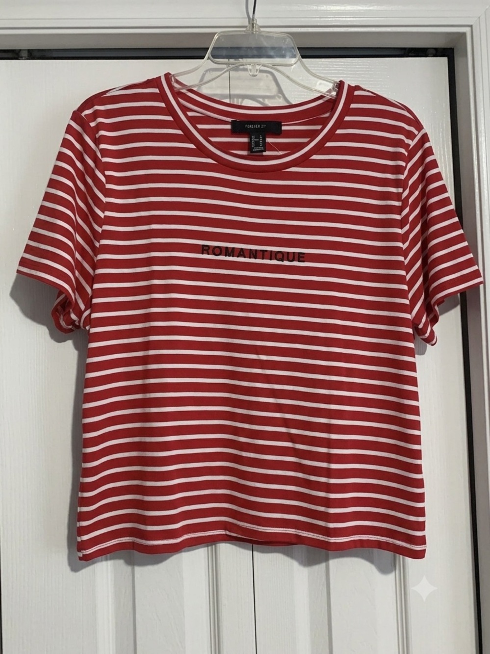 Forever 21 Red and White Striped Tee with 'Romantique' Script